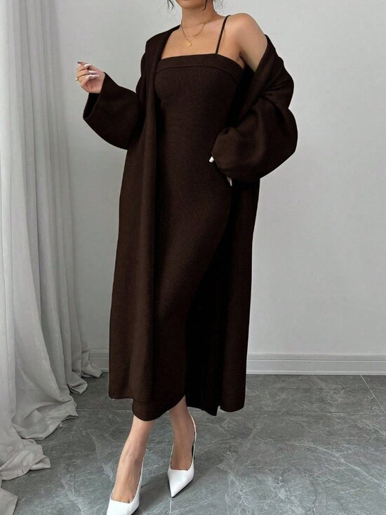 Dresses & Skirts - Brown Casual Minimalist Women's Spaghetti Strap knit Dress & cardigan set